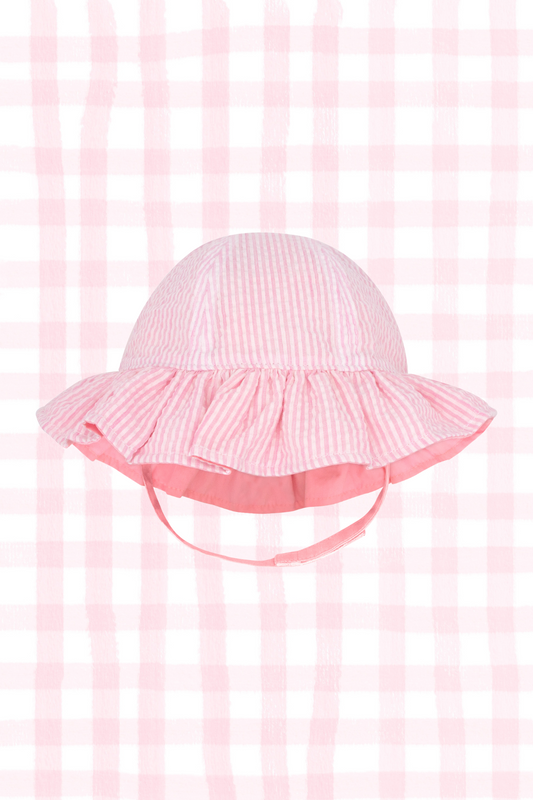 Reversible Girls Pink Seersucker Ruffle Brim Hat
